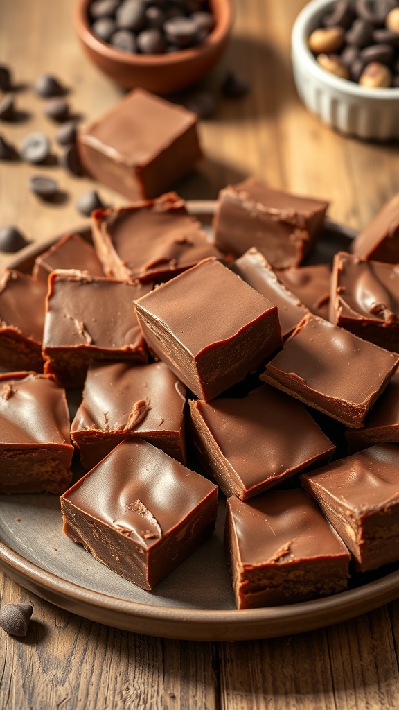 A plate of chocolate fudge squares on a wooden table, with chocolate chips and nuts.